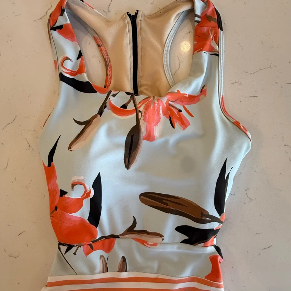 Albion fit Floral & Stripe Scoop Neck Women's one piece - Coral/White - Picture 2 of 4